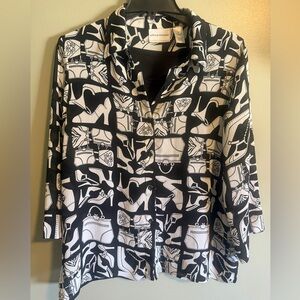 Alfred Dunner Black White Graphic Fashion Print Blouse Built in tank size 14P